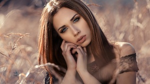 Alessandro Di Cicco Women Model Face Closeup Portrait Makeup Brunette Looking At Viewer Shoulder Len 2048x1365 Wallpaper