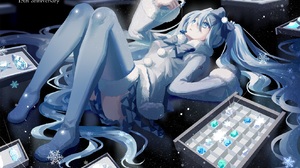 Anime Anime Girls Hatsune Miku Vocaloid Anniversary Long Hair Looking Up Twintails Lying Down Lying  1322x900 Wallpaper