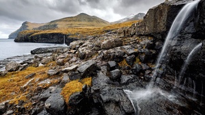 Coast Faroe Islands Nature Rock Waterfall 2048x1353 wallpaper