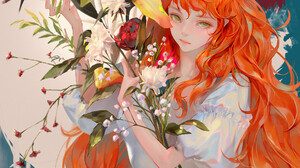 Anime Anime Girls Long Hair Looking At Viewer Flowers Plants JiNYOUNG SON Green Eyes Fantasy Art Fan 1920x2824 Wallpaper