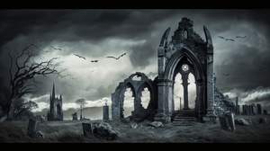 Ai Art Ruins Gray Church Clouds Birds Grass Halloween Gothic 4579x2616 Wallpaper