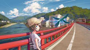 Anime Girls Bridge Dragonflies Blue Eyes Standing Hat Short Hair Mountains Looking At Viewer Water S 3360x1890 Wallpaper