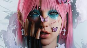 Yuga Digital Art Artwork Illustration Women Portrait Abstract Butterfly Pink Hair Makeup Earring 4320x5400 wallpaper
