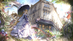 Arknights Saileach Arknights Umbrella Flowers Rainbows Birds Long Hair Blonde City Street Anime Girl 4800x2700 Wallpaper