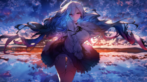 W Artist Pixiv Anime Anime Girls Long Hair Choker Sky Clouds Stars Sunset Sunset Glow Nimbus Smiling 4932x2940 wallpaper