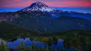 Mount Rainier Washington Volcano Lake Forest Red Sky Orange Sky Sunset Sunrise Landscape Mountains 2960x1973 Wallpaper