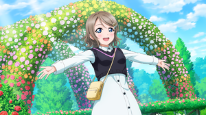 Watanabe You Love Live Sunshine Love Live Anime Anime Girls Flowers Blushing Purse Looking At Viewer 3600x1800 Wallpaper