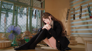 Asian Model Women Long Hair Dark Hair Sitting Holding Knees School Uniform Skirt 3840x2560 Wallpaper