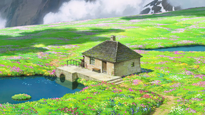 Howls Moving Castle Animated Movies Anime Animation Studio Ghibli Hayao Miyazaki House Field Flowers 1920x1080 Wallpaper