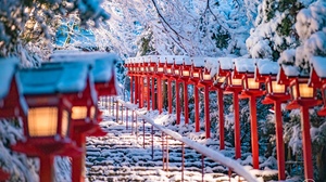 Japan Winter Asian Architecture Snow Trees Lantern Steps 2016x1344 Wallpaper
