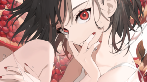 Original Characters Pomegranate Fruit Looking At Viewer Anime Girls Short Hair Water Red Eyes Wet 3445x3445 Wallpaper