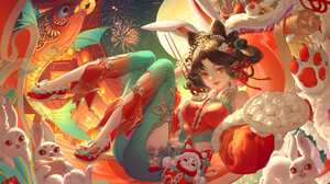 Chinese New Year Digital Art Artwork Illustration Women Bunny Ears Dragon Anime Girls Fireworks Anim 1920x1400 Wallpaper