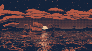 Digital Ship Kraken Sea Clouds Palm Trees Stars Pixel Art 1920x1080 Wallpaper