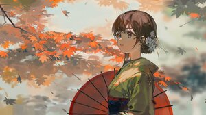 Anime Anime Girls Ciloranko Artwork Brunette Blue Eyes Japanese Clothes Umbrella Fall 2211x1050 wallpaper
