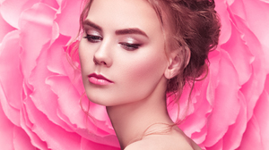 Oleg Gekman Women Brunette Makeup Eyeshadow Lipstick Pink Lipstick Pink Lip Gloss Flowers Petals Bar 2048x2048 Wallpaper