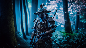 Samurai Forest Ai Art Armor Looking At Viewer Hat Helmet Trees Leaves 2688x1536 Wallpaper