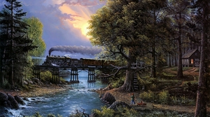 Train Painting Artists Steam Locomotive Water Forest Trees Cabin Sunset Glow 2400x1350 Wallpaper