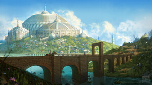 Artwork Digital Art City Bridge Horse River Nature Dome Fantasy City 1920x1080 Wallpaper