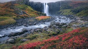 Seljalandsfoss Waterfall Iceland Nature Mist Stream Stones Rocks Plants 3840x2560 Wallpaper