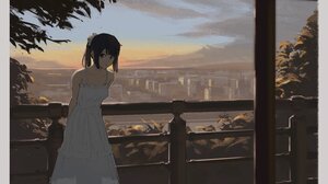 Anime Girls Dawn City Looking At Viewer Sunset Sunset Glow Dress Ponytail 3000x2000 Wallpaper