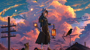 Anime Anime Girls Magic Sunset Mask Clouds Blue Eyes Dog 3632x3027 Wallpaper