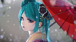 Anime Anime Girls Dark Eyes Kimono Japanese Kimono Umbrella Barrette Long Hair Cyan Hair Merah Drow  3489x1909 Wallpaper