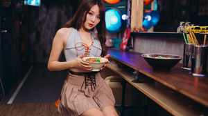Asian Model Women Long Hair Dark Hair Sitting Depth Of Field Ramen Skirt Short Tops Looking At Viewe 3840x2560 Wallpaper