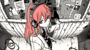 Anime Girls Selective Coloring Headphones White Hoodie Fisheye Lens High Angle Looking At Viewer Red 2560x1080 Wallpaper
