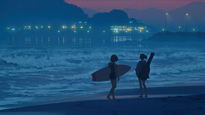Two Women Beach Evening Anime Girls Sunset Surfboards City Lights Waves Barefoot Water Guitar Women  1920x1080 wallpaper