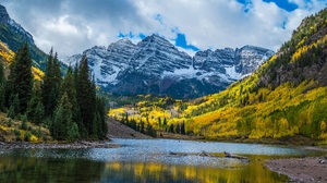 Nature Landscape USA Mountains River Trees Fall Sky Clouds Snow Water Reflection 3840x2160 Wallpaper