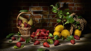 Basket Berry Lemon Pear Still Life Strawberry 5000x3333 Wallpaper