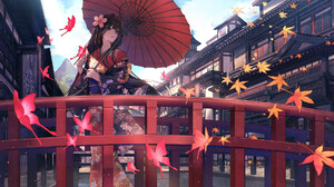 Women Outdoors Umbrella Long Hair Dark Hair Kimono Looking Away Bridge Butterfly Leaves Anime Girls  1920x1080 Wallpaper