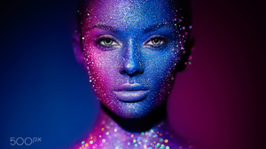 Oleg Gekman Women Portrait Face Paint Body Paint Makeup Glamour Blue Eyes Glitter Blue Pink Face Clo 2048x1366 Wallpaper