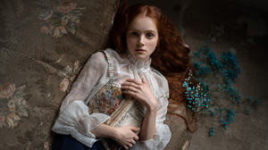 Aleksandr Kurennoi Women Redhead Long Hair Looking At Viewer Makeup Blush Books White Clothing Couch 2048x1366 Wallpaper