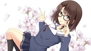 Megumi Kat Short Hair Brown Hair Brown Eyes Blush Glasses Flower School Uniform Skirt 1920x1080 Wallpaper