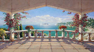 Painting Italy Sky Flowers Sea Clouds Water 1920x1080 Wallpaper