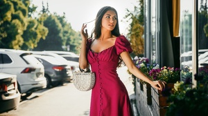 Model Red Lipstick Red Dress Standing Hands In Hair Anton Harisov Women Outdoors 2300x1294 wallpaper
