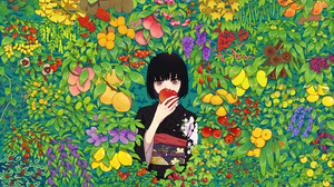 Fruit Black Hair Anime Girls Kimono Looking At Viewer Red Eyes Garden Apples 1482x888 Wallpaper