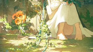 Anime Anime Girls Portrait Display Flowers Flower Crown Long Hair Closed Eyes Sunlight Dress Leaves  1013x1433 Wallpaper
