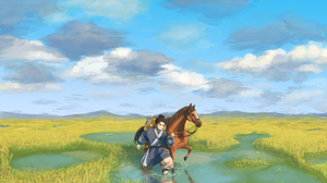Anime Boys Horse Grass Wet Sky Hiker China Anime Water Clouds Animals 3841x2159 Wallpaper