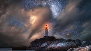 Nightscape Landscape Photography Lighthouse Clouds Sea Rocks 3843x2160 Wallpaper