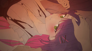 Looking At Viewer Digital Digital Art Anime Anime Girls Lying Down Green Eyes Hands In Hair Hands On 3508x2480 Wallpaper