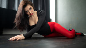Dmitry Shulgin Women Brunette Black Clothing Red Clothing Makeup Indoors Black Eyeliner 2048x1365 wallpaper