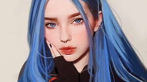 Women Portrait Artwork Blue Hair Face Looking At Viewer White Background Simple Background Nose Ring 1500x1612 Wallpaper