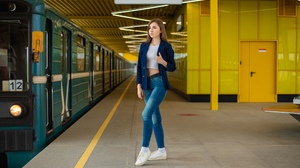 Women Model Brunette Subway Jeans Sweater Blue Sweater Socks Sneakers Short Tops Public Black Belt B 2500x1667 Wallpaper