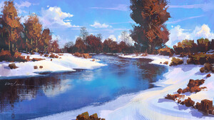 Artwork Digital Art Snow Trees River Nature Water Sky Clouds 1500x878 Wallpaper