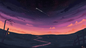 Digital Art Night Sky Shooting Stars Grass Clouds Stars Sunset 5120x2880 Wallpaper