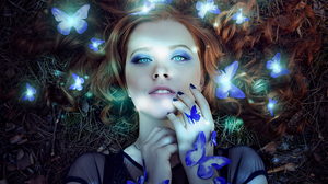 Arlamovsky Women Women Outdoors Retouching Forest Butterflies Blue Butterflies Photography Photoshop 1518x2000 Wallpaper