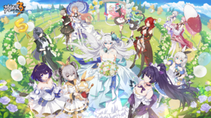 Honkai Impact Anime Games Dress Wedding Dress Flowers Balloon Grass Looking At Viewer Peace Sign Umb 1920x1080 Wallpaper