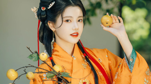 Sun Zhenni SNH48 Asian Hanfu Women Chinese Vertical Chinese Dress Fruit Looking At Viewer 2744x3996 Wallpaper
